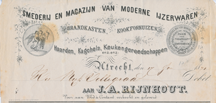 711906 Kop van een nota van J.A. Rijnhout, Smederij en Magazijn van Moderne IJzerwaren, adres onbekend te Utrecht.